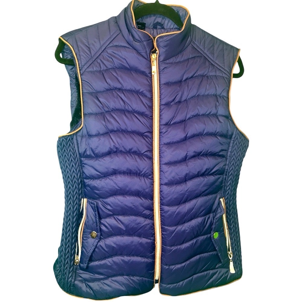 Lee HanTon Blue w/Brown Lining & Gold Details Quilted w/Faux Fur Lining Vest L